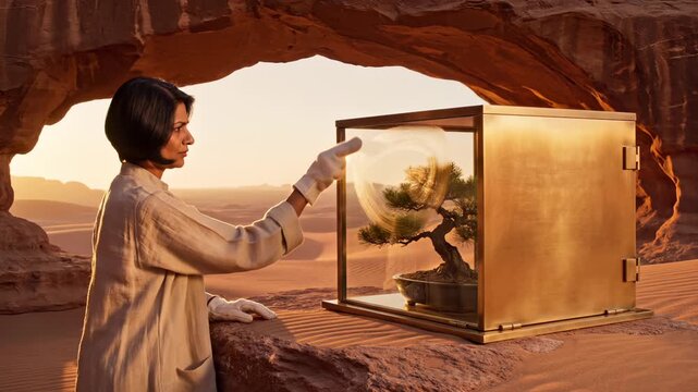 Woman examines bonsai in glass case at desert cave during sunset. Female studies bonsai tree in display box. Woman observes bonsai in desert. Pine bonsai in glass case at canyon sunset location.