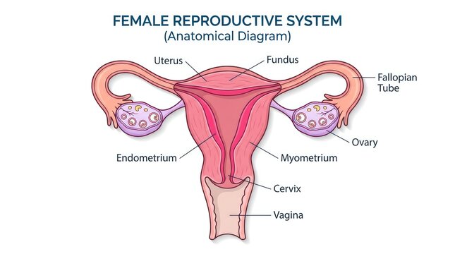 Medical illustration showing anatomical structures of human female reproductive system.