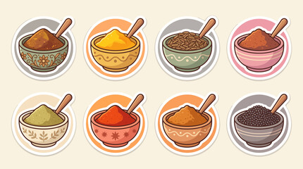 Fototapeta premium Colorful Indian spice bowls stickers set vector illustration