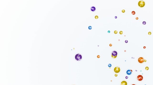 Vitamins and Minerals Floating Spheres Animation. A clean motion graphic showing various essential nutrients like B12 and Magnesium. Perfect for healthcare, medicine, and nutrition projects
