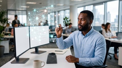 Fototapeta premium Professional in office interacting with holographic network visualization