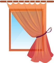 Window with orange transparent draperies tulle curtain on cornice tied on side of tassel, vector flat interior design © sabelskaya