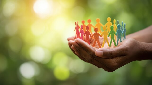 Hands holding a circle of colorful paper cutout people representing community and diversity
