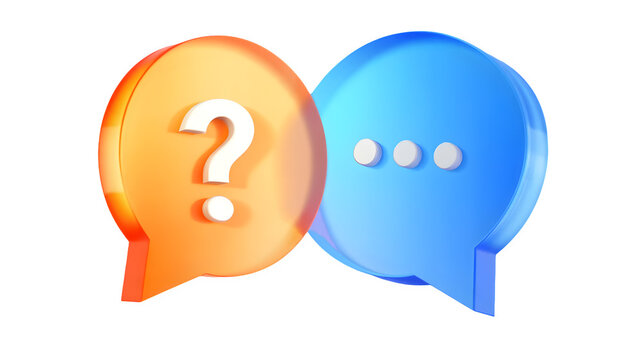 3d glass orange and blue speech bubbles with question mark and typing dots isolated on transparent background png for communication chat graphic design element object