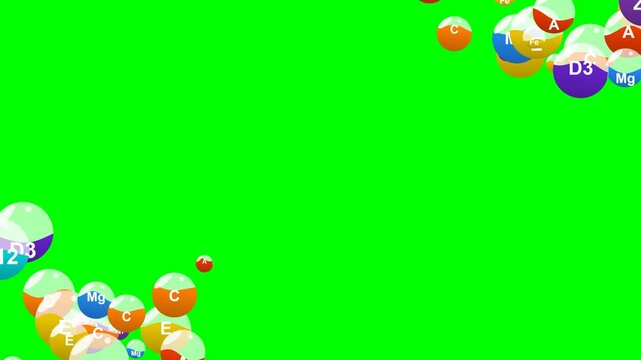 Vitamin and Mineral Green Screen Overlay. Animated floating nutrient spheres on green screen. Perfect for health, nutrition, and medical projects requiring easy chroma key compositing