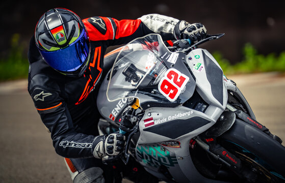 Regular training in Riga, Latvia, Bikernieki on 12-05-2026  Motorcyclist leaning into a turn on racetrack