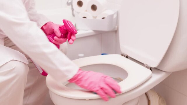 Cleaner in white overalls sprays pink cleaner on the toilet seat. They wipe the seat with a cloth. Toilet paper holder is visible behind. This footage shows thorough cleaning steps