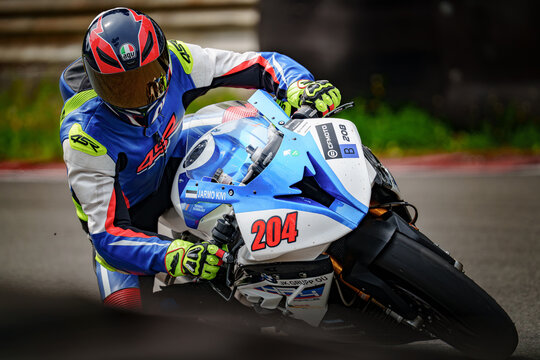 Regular training in Riga, Latvia, Bikernieki on 12-05-2026  Motorcyclist leaning into corner on racetrack