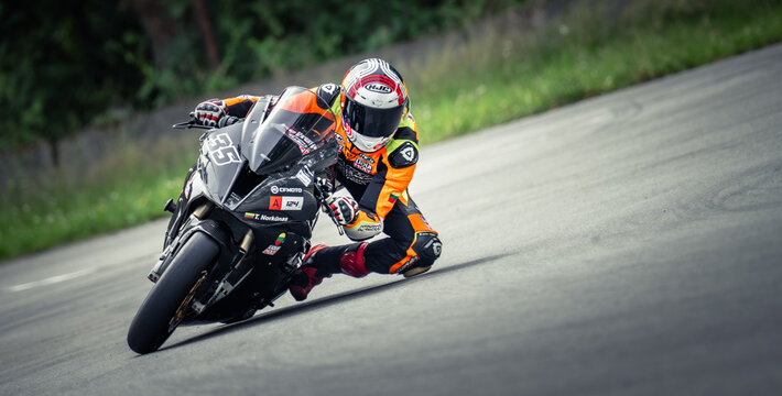 Regular training in Riga, Latvia, Bikernieki on 12-05-2026  Motorcyclist leaning into a curve on a racetrack