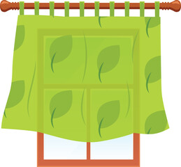 Window wood frame with green transparent draperies tulle curtain with floral pattern, vector flat interior textile shade © sabelskaya