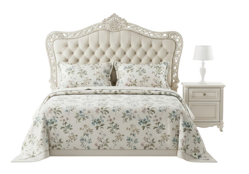 Elegant tufted headboard bed with nightstand lamp and floral.