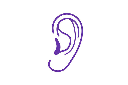 Human ear outline icon representing hearing, listening, sound, and aural communication in purple vector graphic