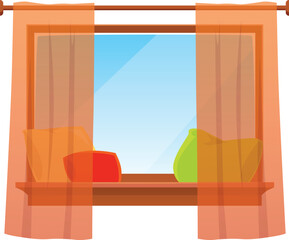 Window with orange transparent drapery tulle curtain on cornice and pillows on the windowsill, vector home textile shade © sabelskaya