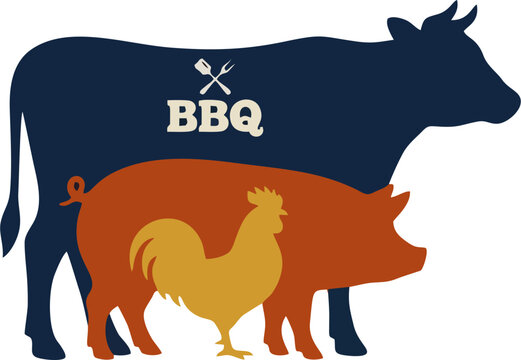 BBQ Restaurant Logo with Cow, Pig and Rooster Silhouette &mdash; Beef Pork Chicken Barbecue Grill Vector Emblem for Food Business
