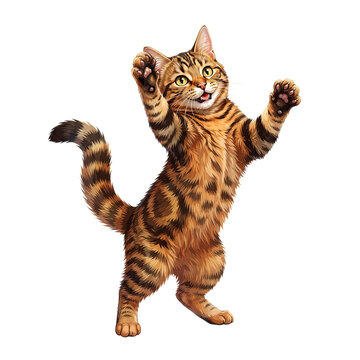 Cute orange tabby cat playing and standing on hind legs with arms raised