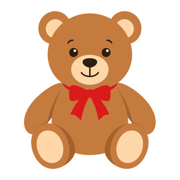 Cute teddy bear smiles warmly. Red ribbon adorns its neck gently. Soft brown fur with beige accents. Perfect for cozy, festive, or child-themed scenes. Ideal for greeting cards, holiday designs