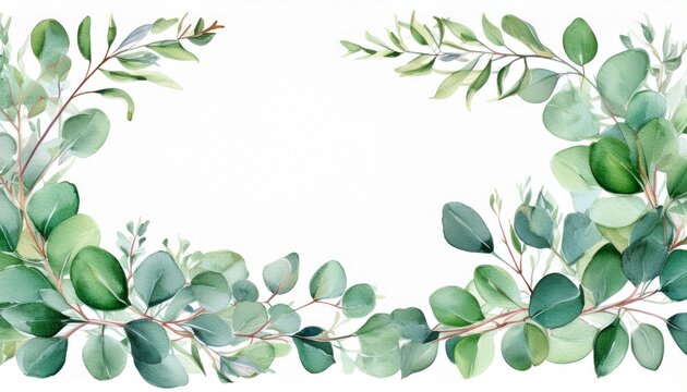 captivating watercolor border frame with eucalyptus twigs isolated against white background