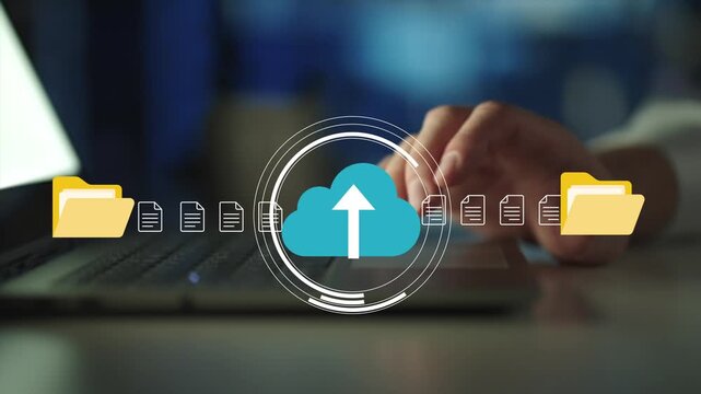 Cloud storage and data transfer concept. Cloud upload and download icons, secure file sharing, online backup and digital data management. 