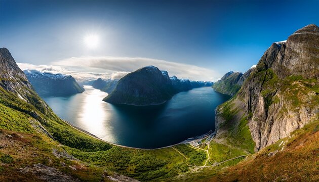 panorama fjord in norwegen kuste steile berge im fjordland hjorundfjord