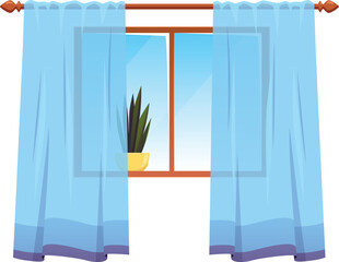 A square wooden window with translucent blue curtains and a potted houseplant on the windowsill. © sabelskaya