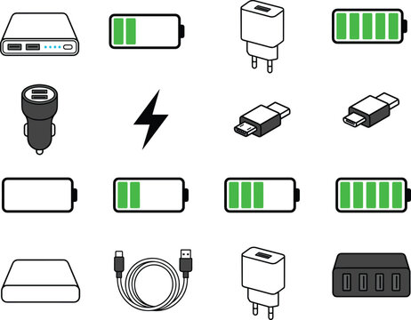 Mobile charging accessories and battery icon collection featuring power bank chargers USB cable adapters and energy indicators vector illustration set