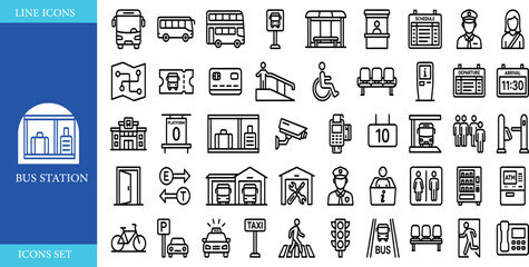 Bus station line icons set, public transport infrastructure symbols, urban transit and passenger service vector elements, city travel navigation graphics © Mounir