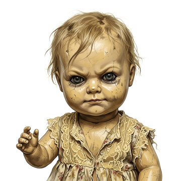 Cute vintage baby doll with a peaceful expression and one finger raised