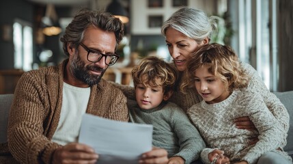 Obraz premium A multigenerational family, two children and their parents, huddled together indoors, looking at a document. Cozy setting