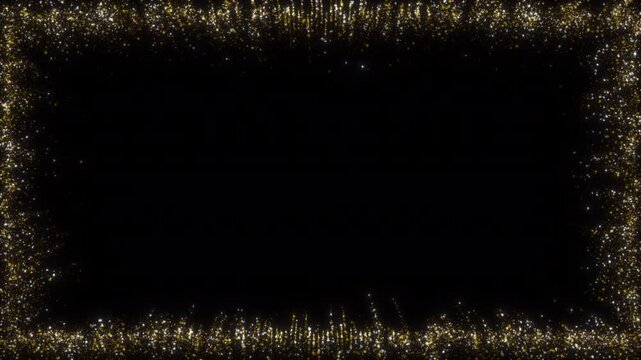 Minimalist luxury golden particle rectangular frame with elegant shimmering border lines and delicate glowing stardust, isolated on transparent background.