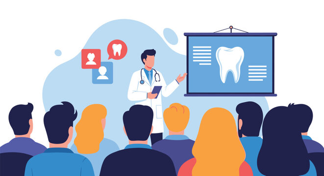 Professional male dentist in medical coat presents a dental health lecture to an audience using an illustrated tooth chart.