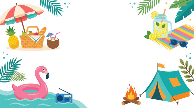 A colorful summer-themed vector graphic showcasing picnic essentials, a pink flamingo floaty, campfire camping, and cold drinks.