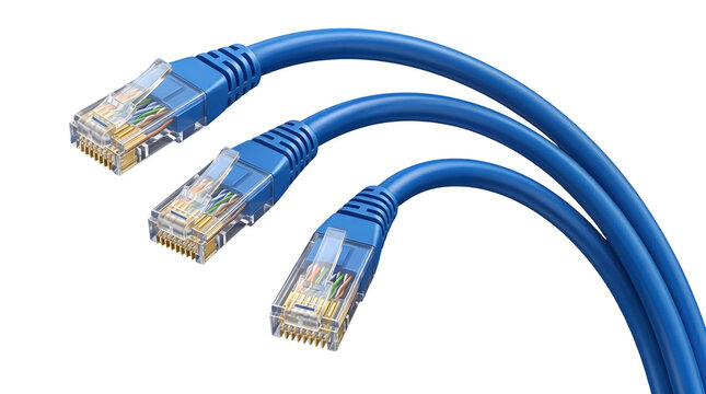 three blue ethernet lan network cables with rj45 connectors isolated on transparent background png for high speed internet computer data connection graphic design element