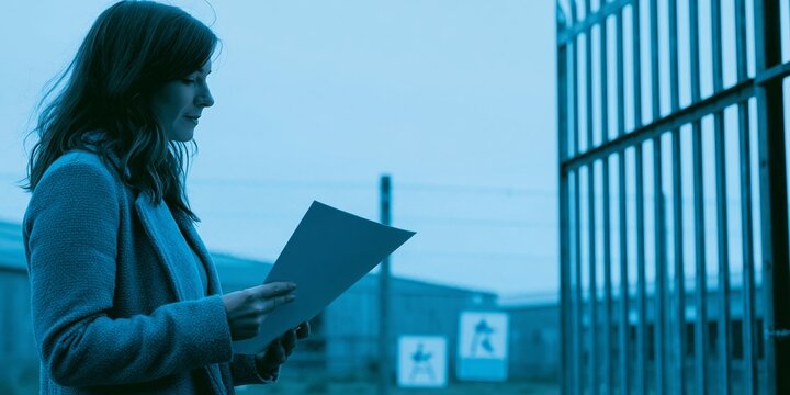 Woman reading document near metal gate