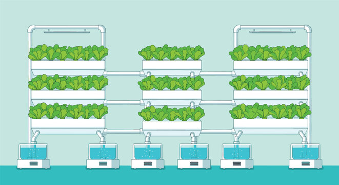 Large scale indoor vertical hydroponic farm with multiple levels of fresh green lettuce growing in a controlled water system.