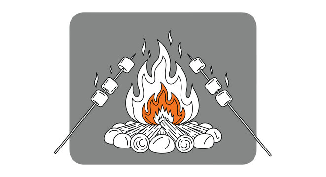 Roasted marshmallows on sticks held over a cozy campfire with glowing orange flames and logs on a dark grey background.