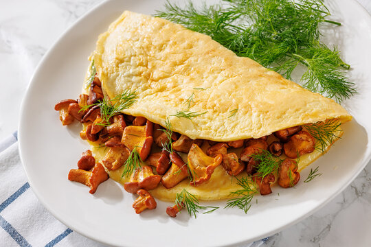 Egg omelet with fried wild chanterelles and dill
