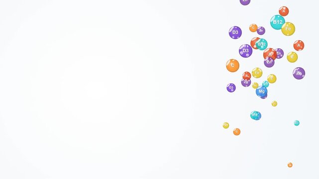 Vitamins and Minerals Floating Spheres. A clean motion graphic showing essential nutrients like iron and magnesium on a white background. Perfect for health, wellness, and medical projects