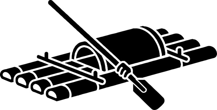 Traditional bamboo raft with long wooden pole.