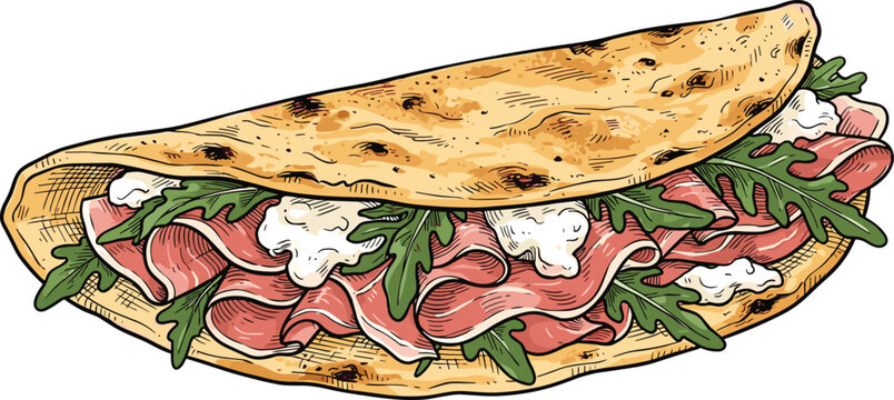 Traditional Italian piadina romagnola flatbread sandwich sketch vector illustration filled with prosciutto ham fresh arugula and mozzarella cheese for restaurant menu design