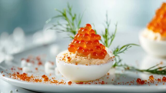 Halved stuffed egg topped with glossy salmon roe and a dill sprig, elegantly plated as a gourmet appetizer with creamy filling and scattered roe