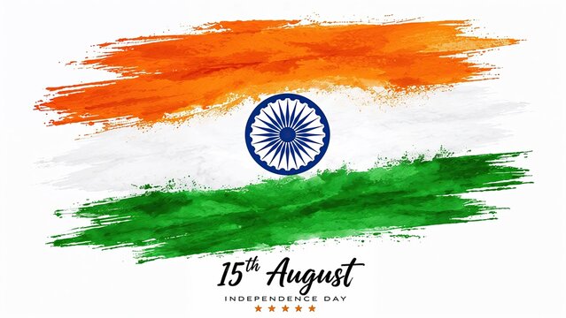 Indian flag watercolor brush stroke background, 15th August Independence Day celebration banner, saffron white and green tricolor with Ashoka Chakra