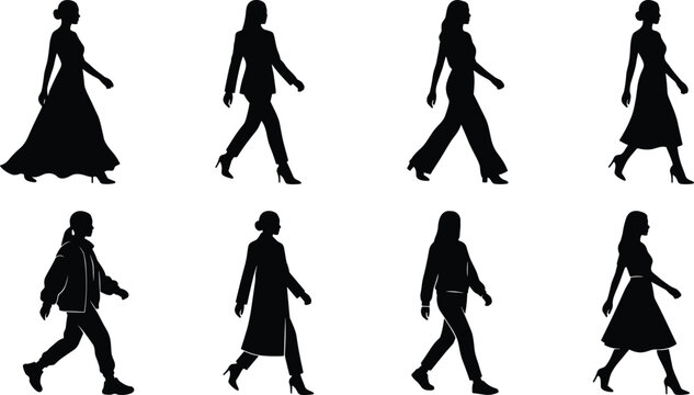 Black silhouettes of diverse fashion women walking side view wearing dresses suits and winter coats