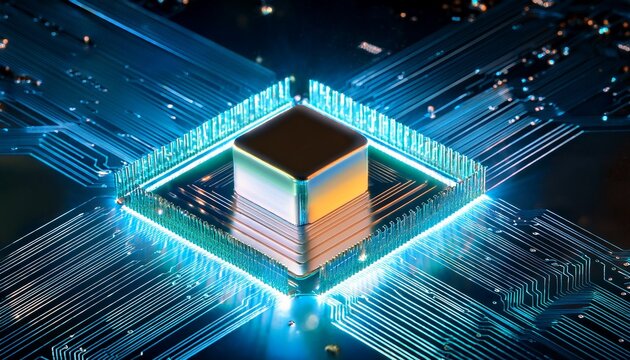 computer chip with illuminated cube on top surrounded by lights representing technology and innovation