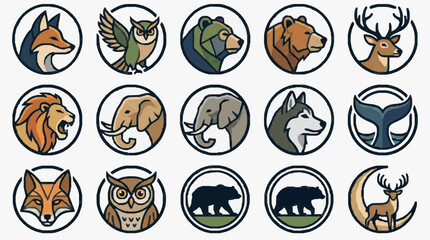 Industrial Style Animal Crest Icons Set Colorful Fox Owl Bear Deer Lion Elephant Husky and More in Circular Badges © Putra