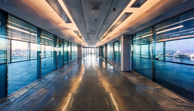 a modern office corridor with glass walls reflecting lights and a vibrant atmosphere