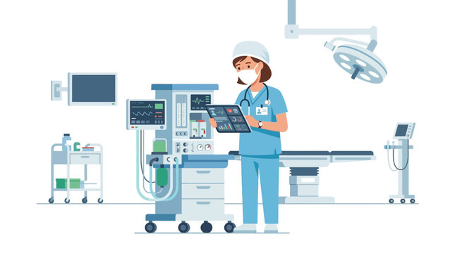 Surgeon operating anesthesia machine in modern operating room with medical equipment