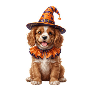 Cute brown and white puppy wearing a small orange witch hat and scarf
