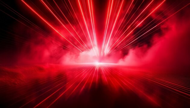 a vibrant red background features laser beams cutting through billowy smoke creating a dramatic effect