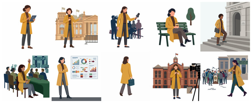 Set of flat vector illustrations depicting a professional female journalist and reporter in various work scenarios like live broadcasting, press conferences, and interviews.