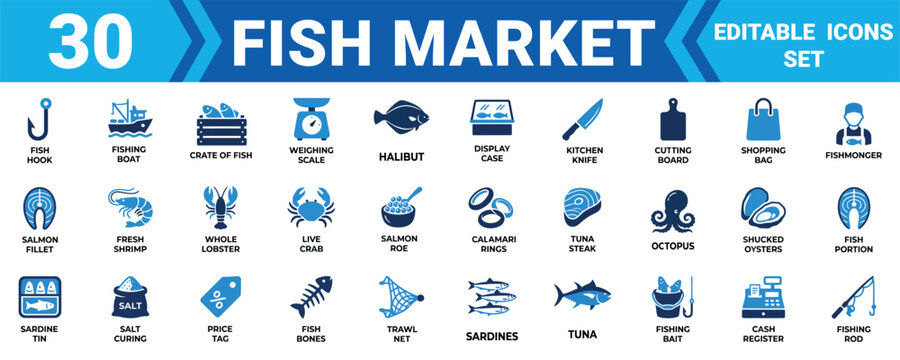 Set of 30 fish market icons featuring fresh seafood products fishing equipment and retail shop tools Minimal solid fill icon set bundle collection. Editable Vector Illustration Mega pack